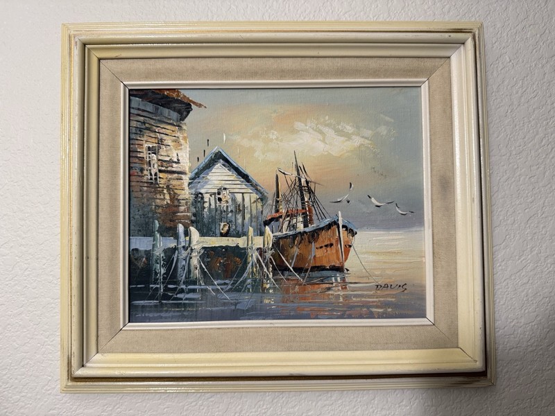 Vintage Nautical Harbor Oil Painting Signed Davis MCM Impasto Fishing Boat Art