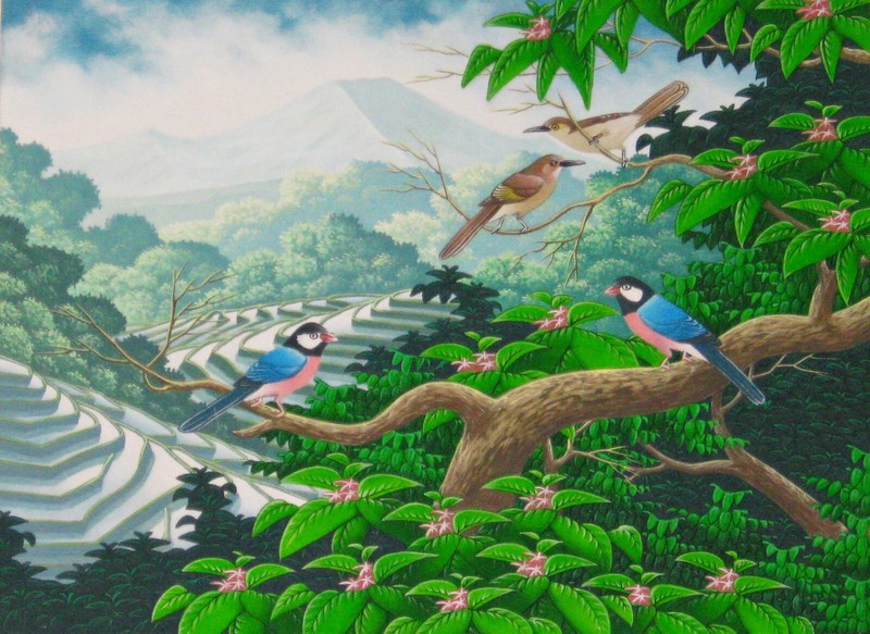 A Painting Of Birds On A Tree Branch