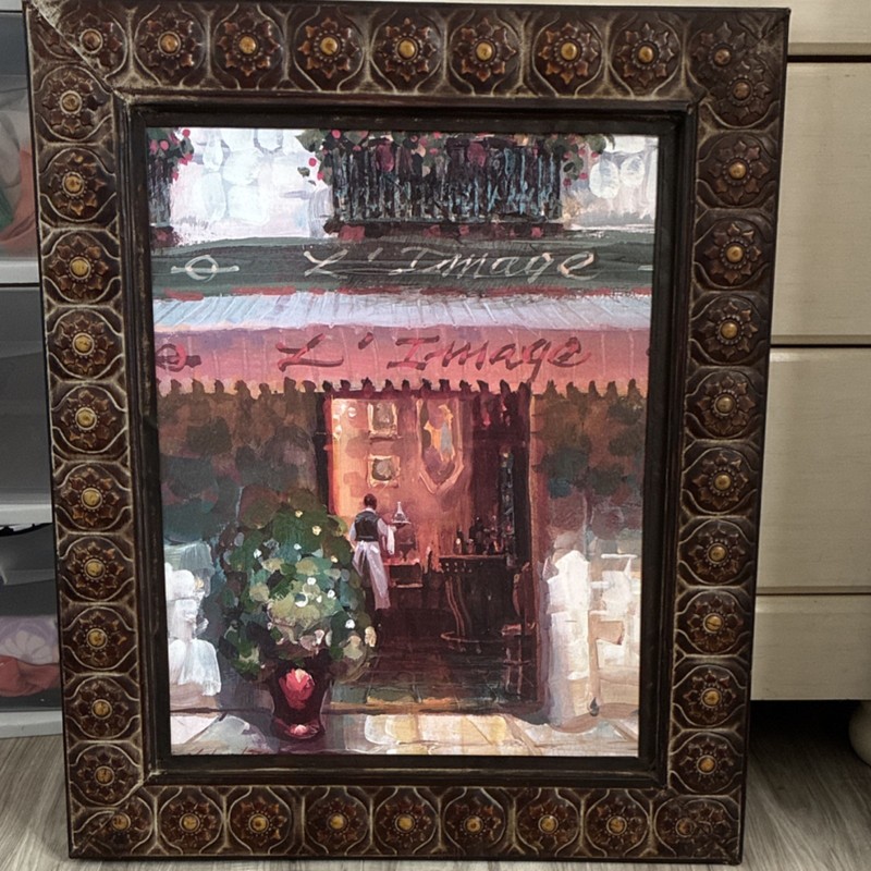 L'Image Impressionist Cafe Scene Floral Signed Framed Canvas Painting