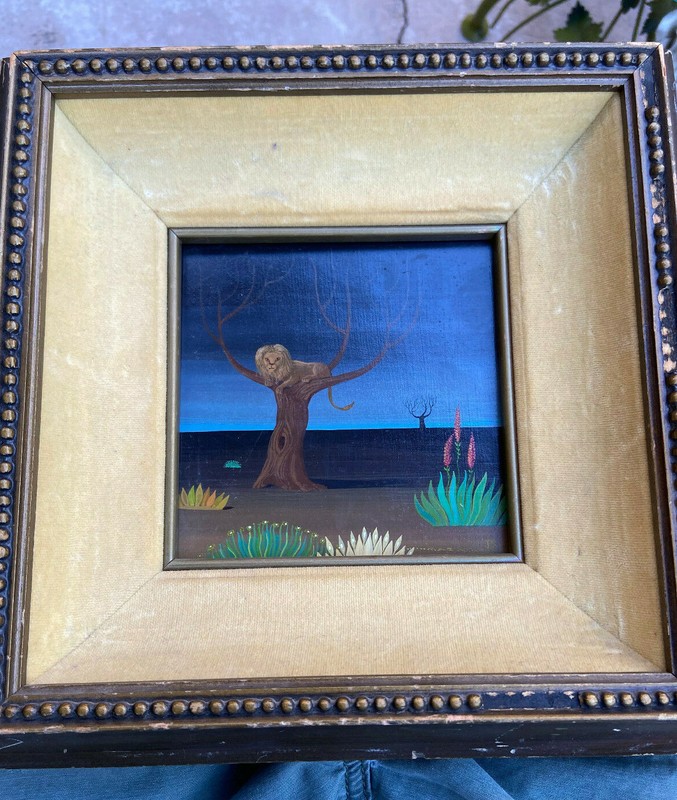 Vintage Gertrude Abercrombie Style Surrealist Painting Desert Lion Signed JS 5×5
