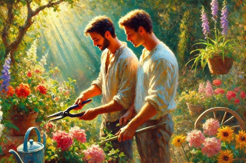 Original gay LGBTQ art giclée painting «Gardening 2» artist signed/numbered