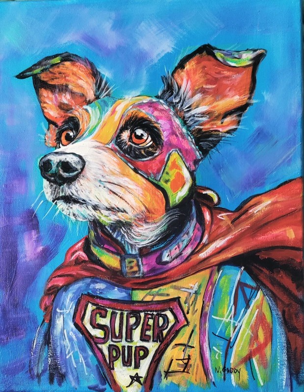 Original Expressionist Colorful Super Hero Dog 14 x 11 Acrylic Painting gallery