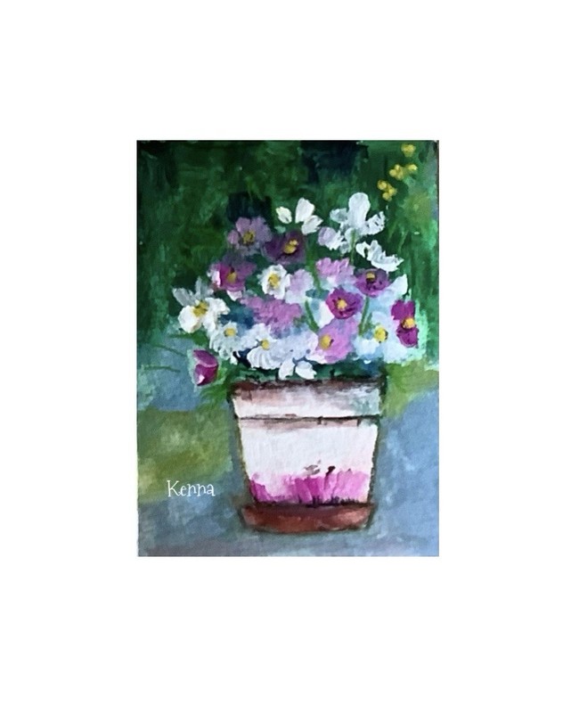 Aceo Painting By Kenna Gouache Flowers In A Pot Art Card 2.5” x 3.5 Signed