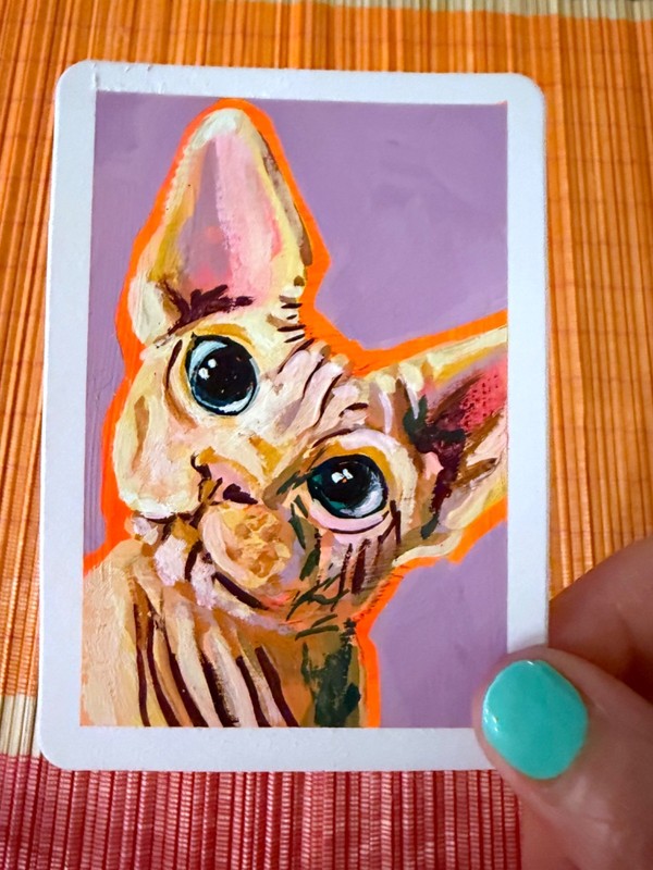 ACEO ORIGINAL HAIRLESS CAT SERIES 7/8 Acrylic & Gouache PAINTING NEW signed art