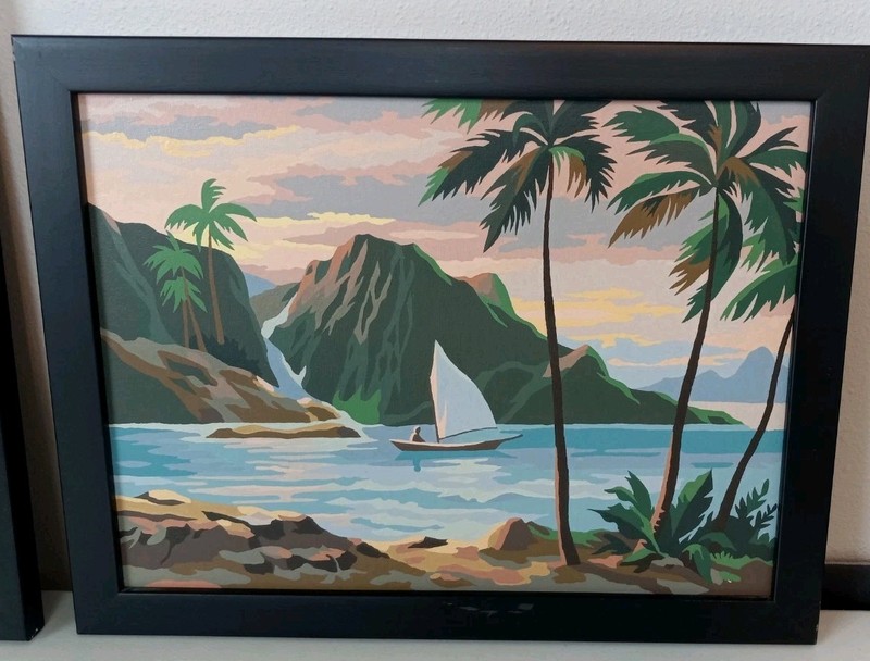 3 Vtg MCM Paint By Number Framed Pictures Beach, Tropical, Palm Trees gallery