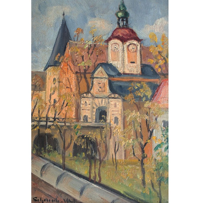 City View Church Spring Southern German Unknown Signed Framed Oil Wood 1941?