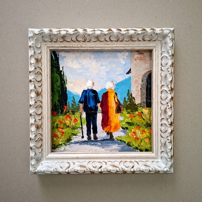 Elderly Couple Walking Original Oil Painting Unframed 6×6″