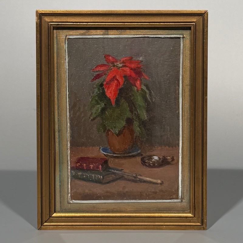 Jean Lefeuvre (1882-1974) Vintage French Oil Painting Flower Poinsettia Books