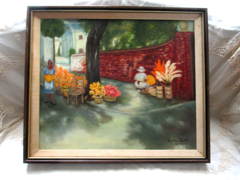 VTG Oil Painting on Canvas Ernestine Trotter Selling Flowers in Charleston SC