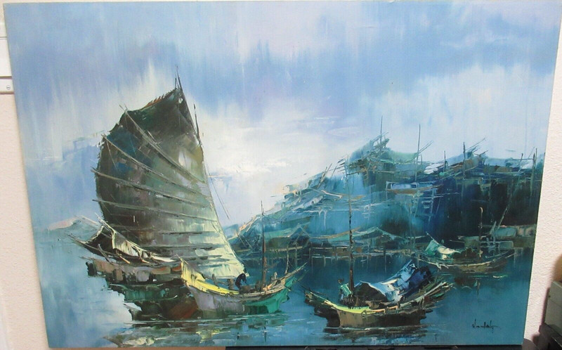 WO. CHIANG CHINESE FISHING BOATS HUGE ORIGINAL OIL ON CANVAS PAINTING UNFRAMED
