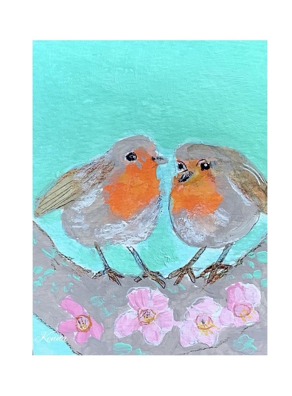 Aceo By Kenna Painting 2 X Robin Red Breast Birds 2.5” X 3.5” Signed Original