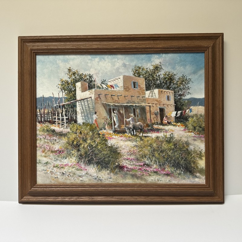 VINTAGE NATIVE AMERICAN INDIAN PAINTING ADOBE HOME LANDSCAPE BILL KEE NEIGHBORS