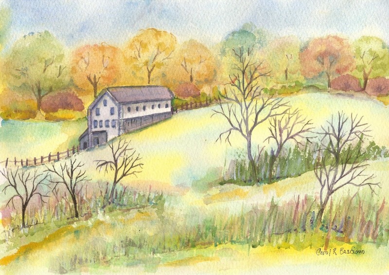 Original Art Barn Autumn Landscape Watercolor Painting FARM LAND C Basciano 7×10