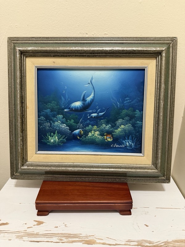 C. Benolt Dolphin & Fish Original Oil Painting Custom Framed Great Detail Signed