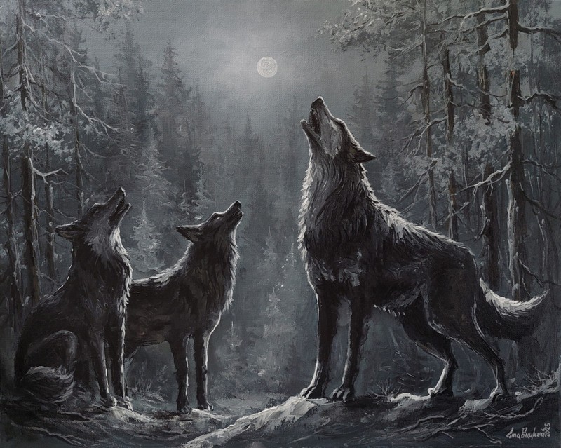 Wolves in a snowy forest howling original oil painting. Howling wolf on the moon