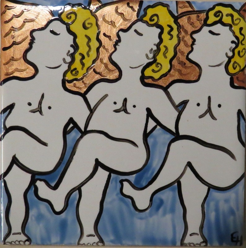 Angels Male Dancers Chorus Line Can Can Tile Art Painting Signed Ericajaye