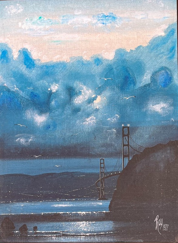 Original 1977 Contemporary Painting San Francisco Bay Golden Gate Bridge Signed gallery
