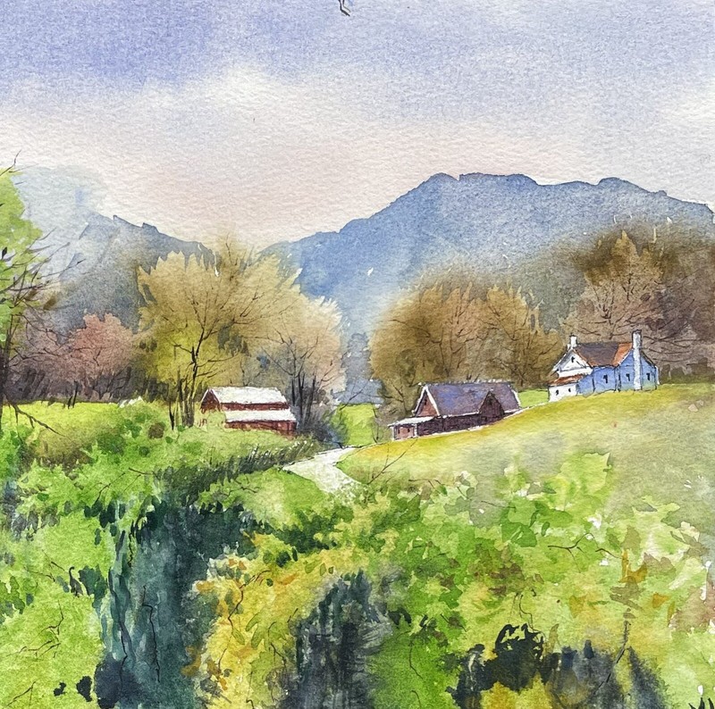 Pamela Wilhelm original 10”x10 Summer Farm Ravine Red Barn Green Watercolor gallery