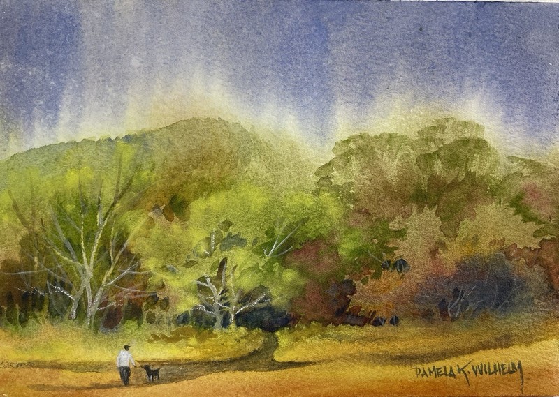 Pamela Wilhelm original 5”x7” Watercolor Man Walks Dog Woods Trail Atmospheric