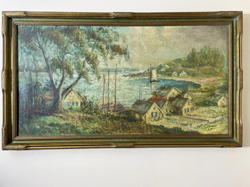 HARRY MELIN Fisherman Village With Sailboats in oil on canvas37” X 22” gallery