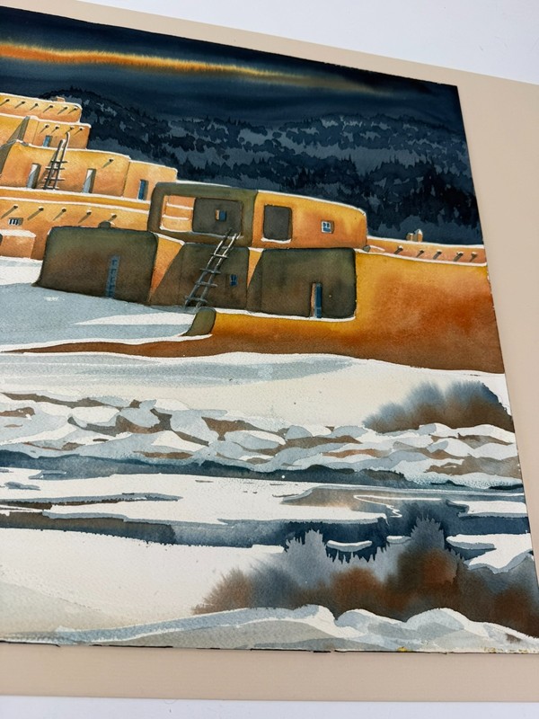 J. Hayes Original Watercolor Painting 1984 Taos Pueblo New Mexico Snow Landscape gallery