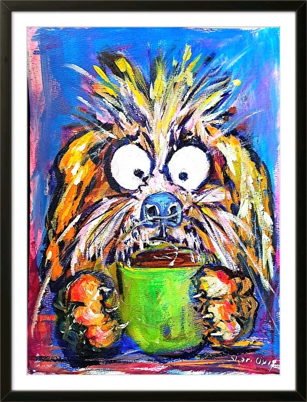 Original Dog Humorous 9 X 12 Paper Painting Signed Kitchen Wall Art