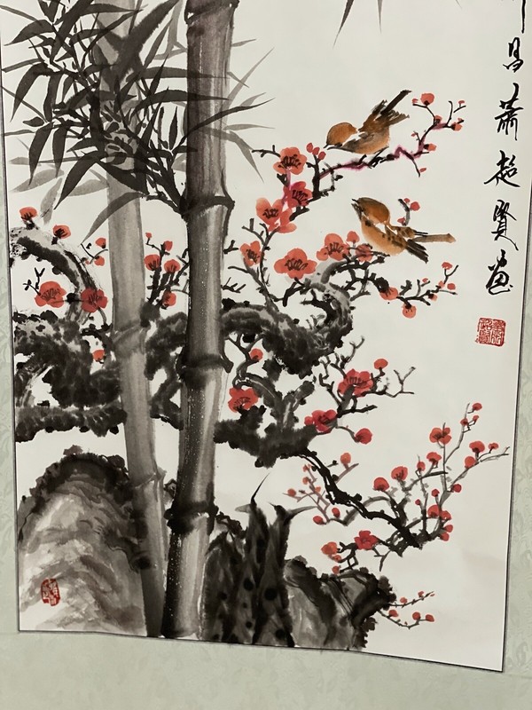 Original Hand-painted Chinese Ink Painting Scroll-Bamboo&flower&birds, 5’5”x2F gallery