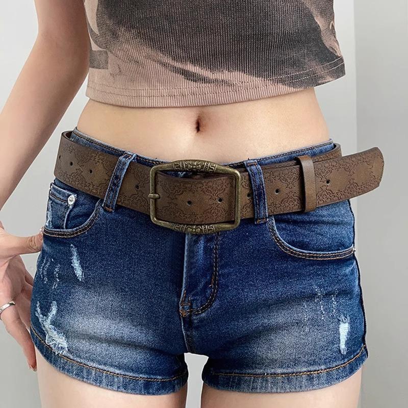 1pc Brown Floral Embossed Belt, Vintage American Style, Distressed denim