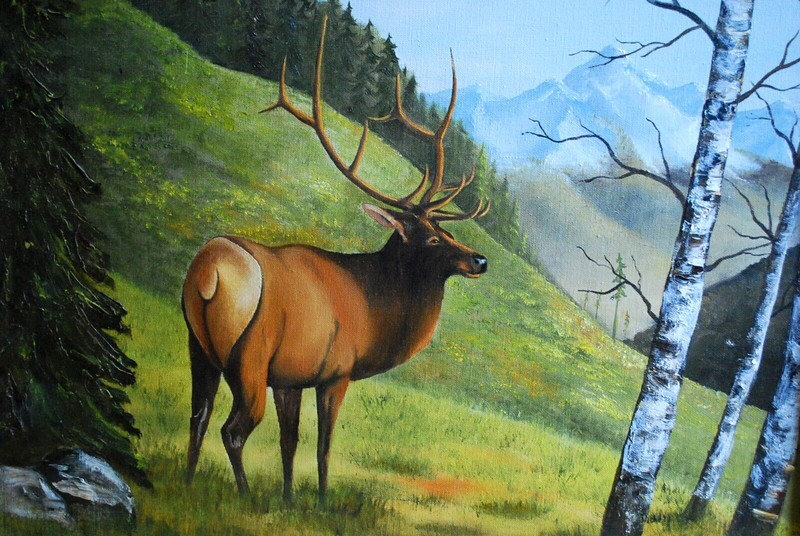 Vtg 26" ORIGINAL ACRYLIC PAINTING On Canvas BULL ELK/ LANDSCAPE Signed & Framed gallery