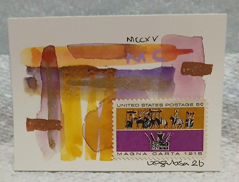 Postal Whimsy OOAK ACEO – 1965 5¢ Magna Carta Watercolor Abstractism by Virginia