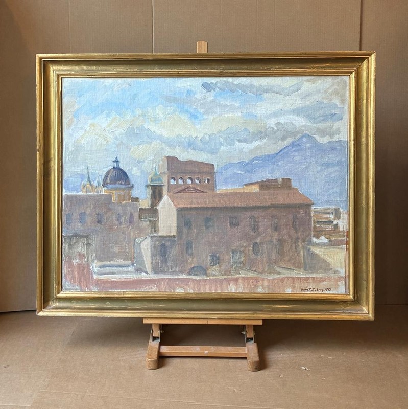 Ernst Syberg (1906) Rooftop View over Florence, Italy, 1952. Fine large oil. COA gallery