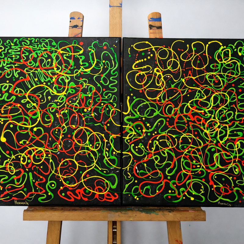 art 14 original oil painting Surreal Neon Diptych Abstract 50×40 cm – 2‑in‑1