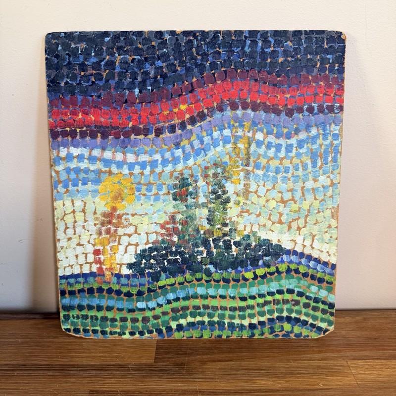 Vintage Pointillist Abstract Landscape Painting on Board French School Modernist