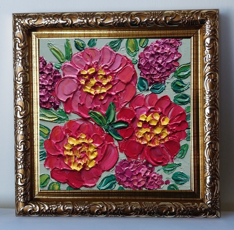 Framed Peonies and Lilacs Bouquet Flowers Art 4x4” Impasto Oil Painting Original gallery