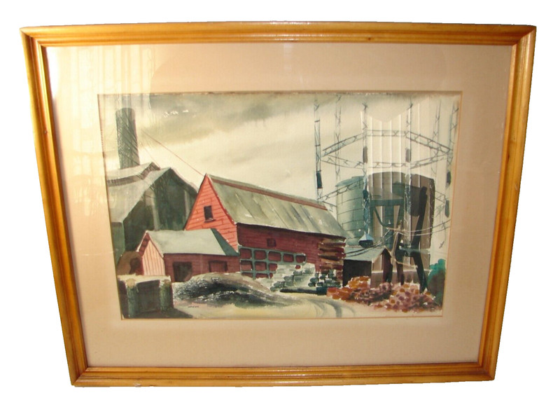 Vintage Framed Original Watercolor Painting Farm scene signed by artist