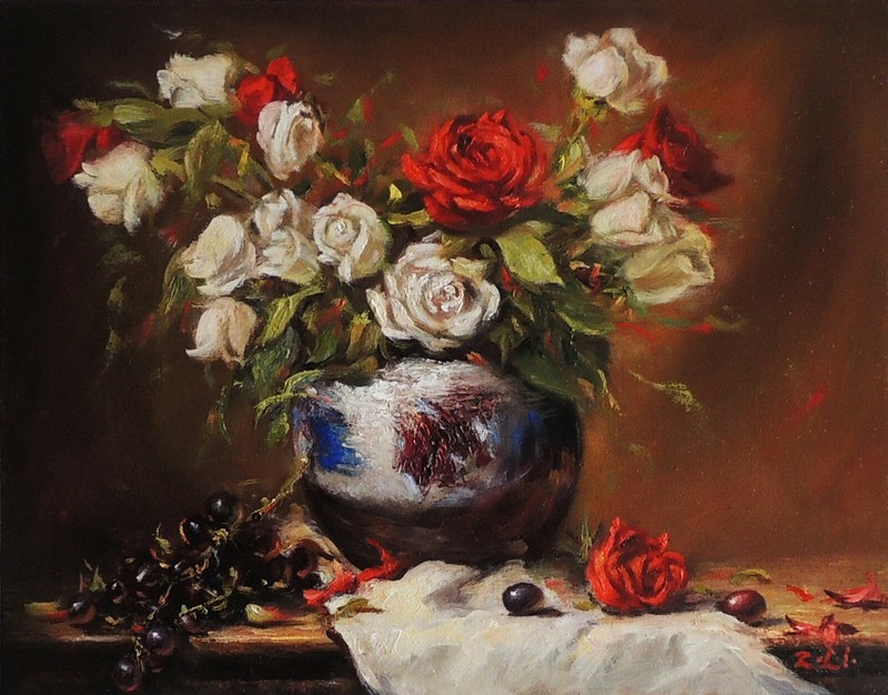 New Original Oil Painting Still Life Realism Roses in Antique Vase Signed by ZLi