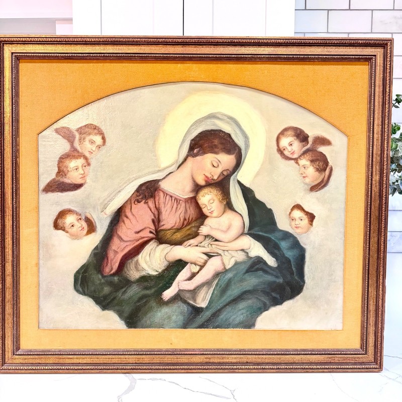 Antique Sassoferrato Madonna Sleeping Child Oil Board Painting Large Gilt Frame gallery
