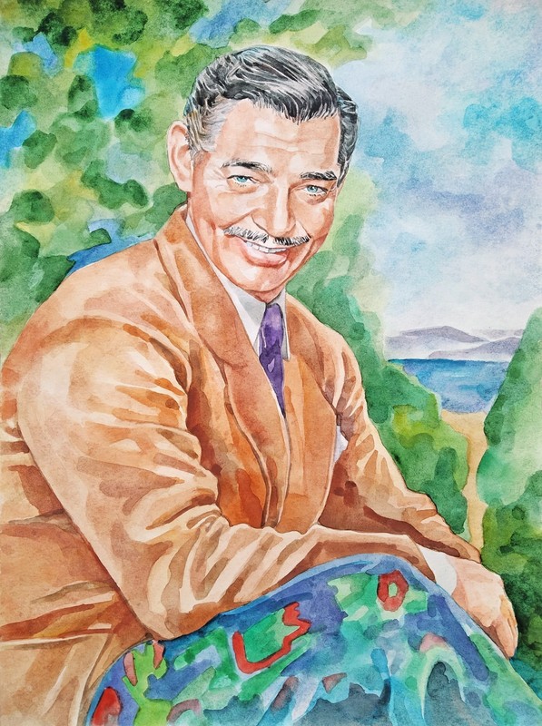 11,69 × 15,75″ Clark Gable ~against the sea~ watercolor SIGNED and DATED
