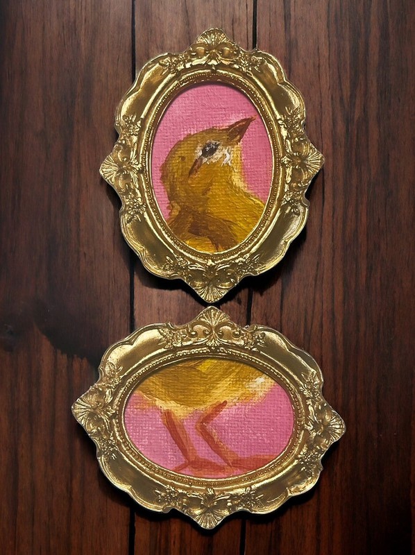 2-piece vintage style gold mini ornate framed print of a cute Baby Chick