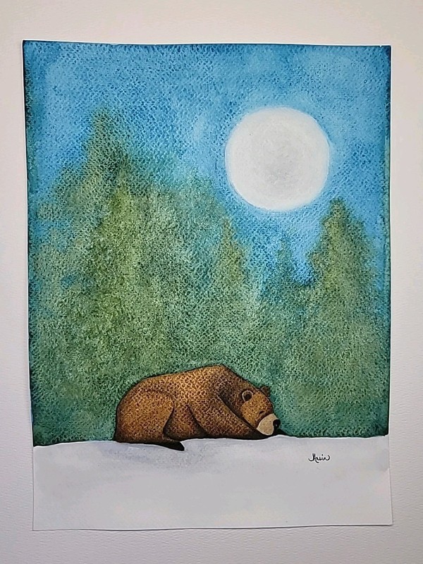 Original Watercolor Bear Under Moonlight 9×12 Wildlife Art Painting