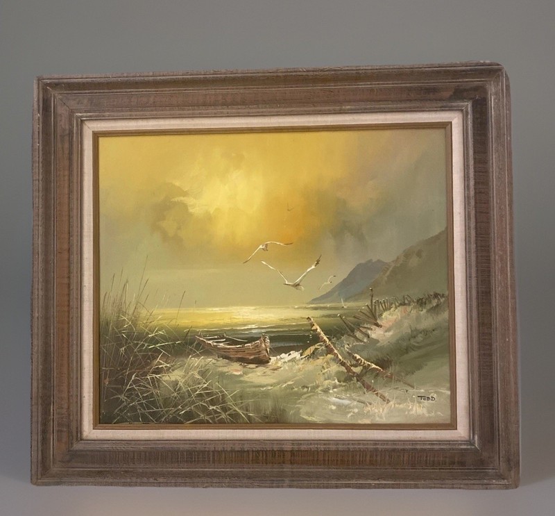 1970’s Oil Painting Seascape Beach Boat Nautical Seagulls Shore 31” X 27” Large