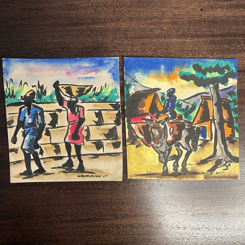 2 Vintage Martino Dorce Haitian Original Watercolor Paintings Signed Small Pair gallery
