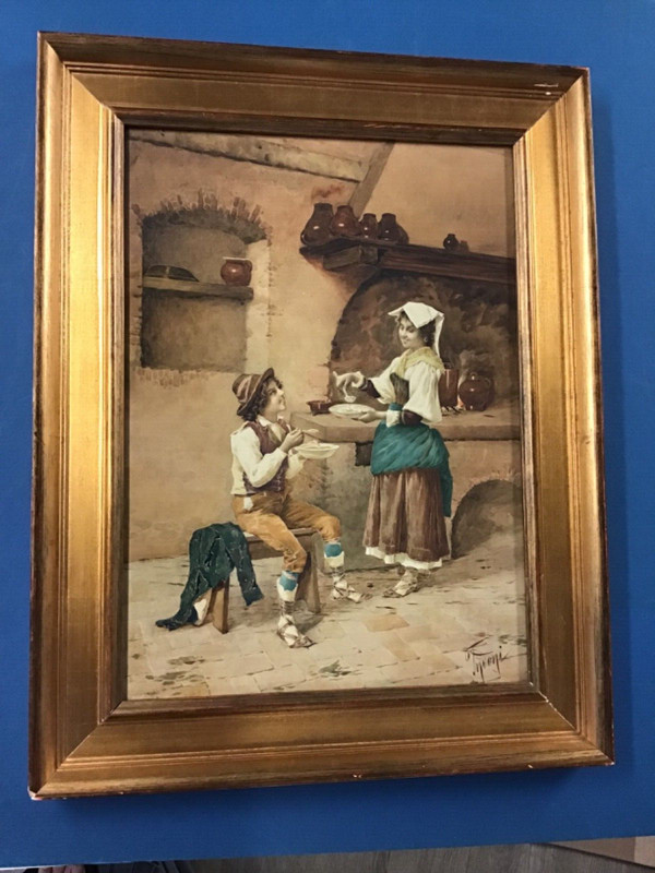 Filippo Indoni Jr. Watercolor Young Woman Cooking For Young Man