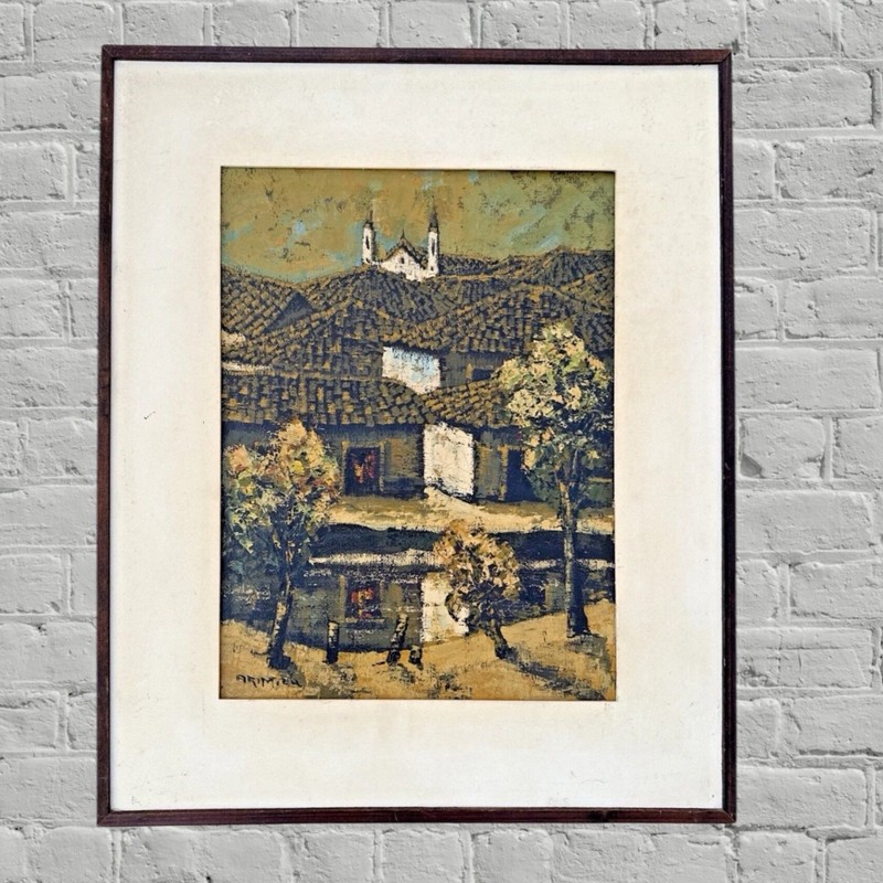 Vintage Original Framed Oil Painting Signed 22×18 Cottages Trees Church