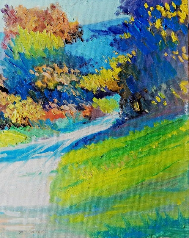 TOM FISHER Fall country road colors green Impressionism Landscape Oil Painting