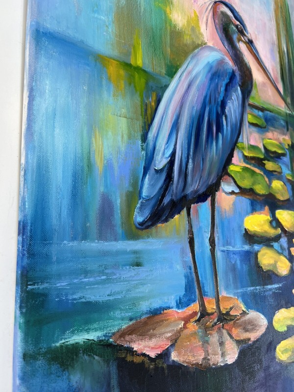 Original painting oil, 20x30 inch, Heron with Lilies, Wall Art Decor, Home Gift gallery