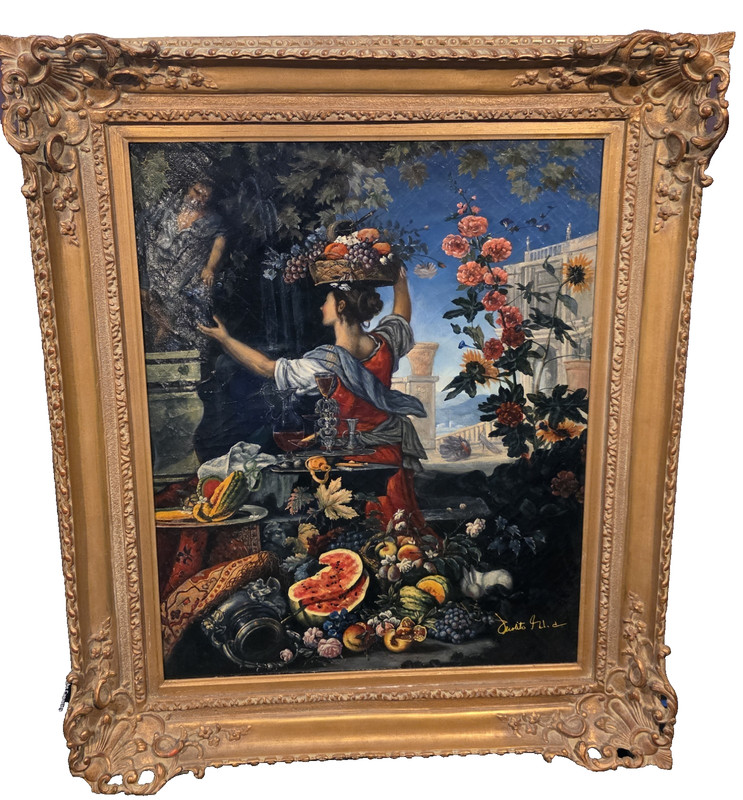 Flowers, Fruit with a Woman Picking Grapes by Christian Berentz Painting
