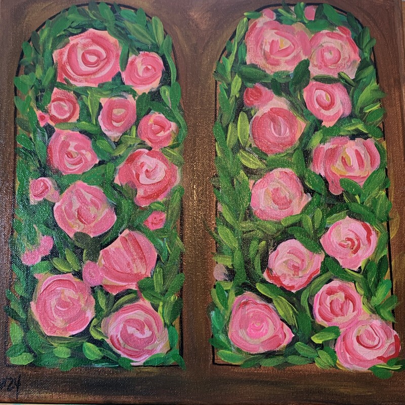 Rose Garden Window Original acrylic Painting 12 x 12″ canvas Unframed
