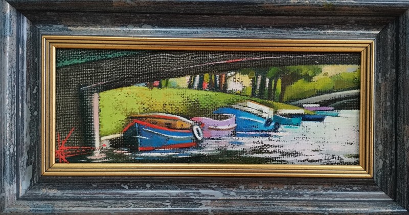 Abstract Oil painting Boats Ukrainian painter Canvas Framed Decor original art