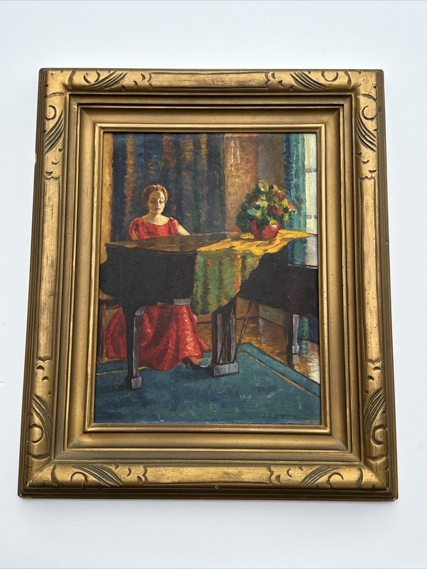 ANTIQUE PAINTING PRETTY WOMAN FEMALE MODEL ART DECO MUSICIAN PIANIST LISTED RARE